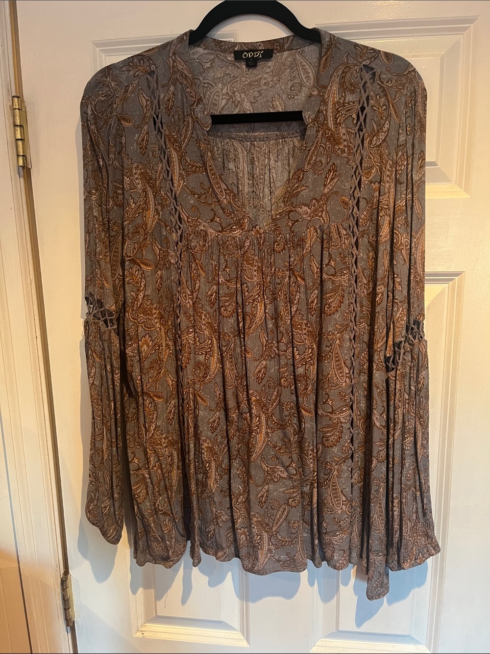 ODDY Taupe and Rust Paisley Lace-Trim Boho Tunic